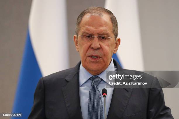 Russia's Foreign Minister Sergei Lavrov speaks during a joint news conference with his Azerbaijani counterpart Jeyhun Baramov following talks on June...