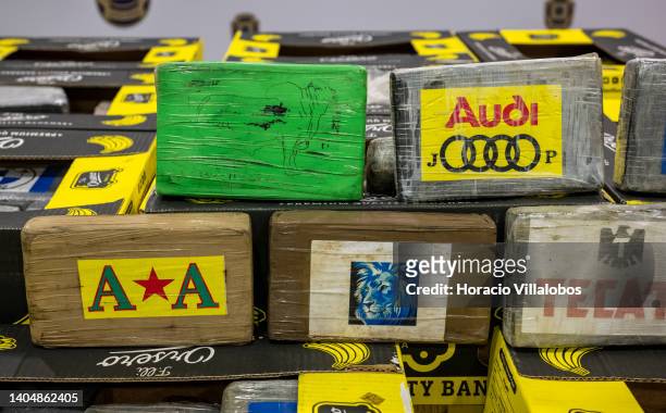 View of impounded packages of cocaine, part of "Operação Bananero" , on display at the the Judicial Police headquarters on June 24, 2022 in Lisbon,...
