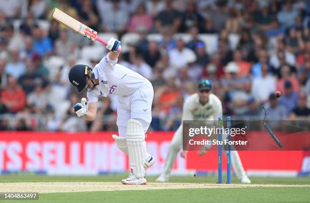 England batsman Ollie Pope is bowled by Trent Boult during day two of the third Test Match between England and New Zealand at Headingley on June 24,...