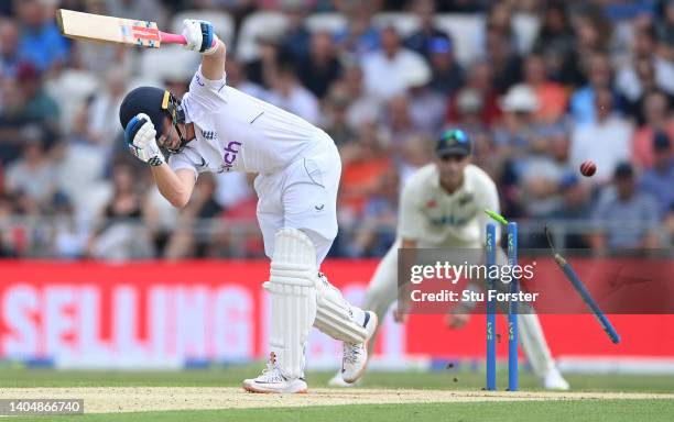 England batsman Ollie Pope is bowled by Trent Boult during day two of the third Test Match between England and New Zealand at Headingley on June 24,...