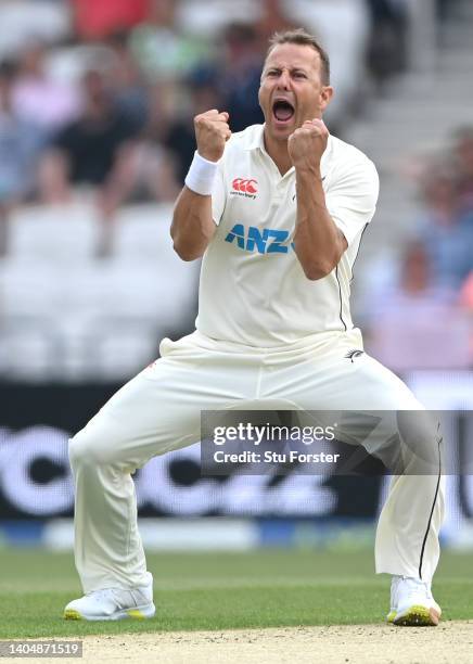 New Zealand bowler Neil Wagner celebrates after dismissing England batsman Ben Stokes during day two of the third Test Match between England and New...