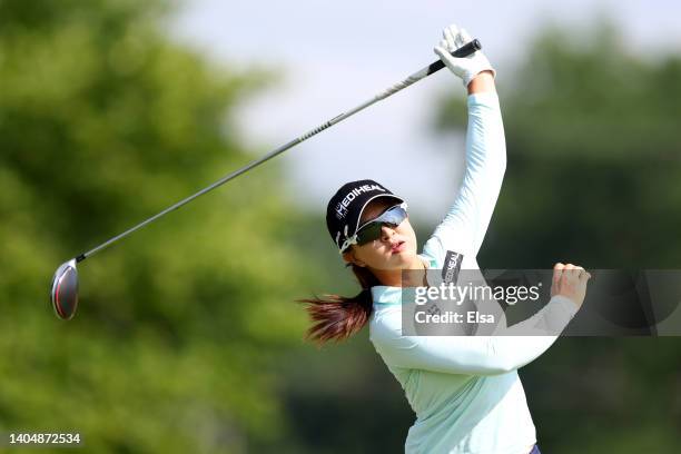 Sei Young Kim of South Korea lets go of her club as she plays her shot from the ninth tee during the second round of the KPMG Women's PGA...