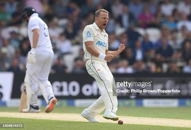 Neil Wagner of New Zealand celebrates after dismissing Ben Foakes of England during the second day of the third Test between England and New Zealand...