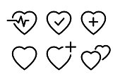 Heart icon outline style set. Heartbeat icon. Medical heart signs. Cardiogram sign. Heart with check mark and plus. Medicine symbols. Editable stroke. Vector illustration