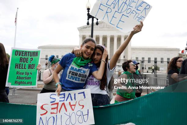 Abortion rights activists Carrie McDonald and Soraya Bata react to the Dobbs v Jackson Women’s Health Organization ruling which overturns the...