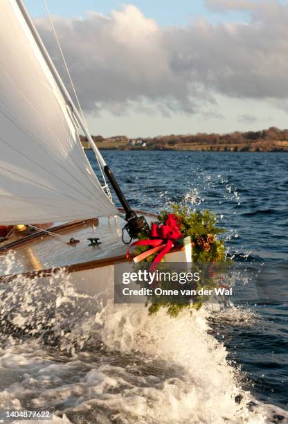 sailboat with holiday wreath - newport rhode island stock pictures, royalty-free photos & images