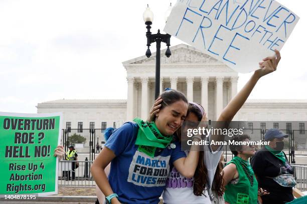 Abortion rights activists Carrie McDonald and Soraya Bata react to the Dobbs v Jackson Women’s Health Organization ruling which overturns the...