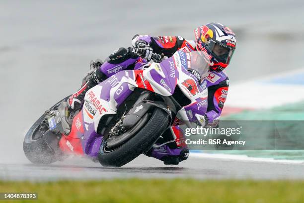 Johann Zarco of Prima Pramac Racing and France drives during the Free Practice prior to the MotoGP of Netherlands at TT Assen on June 24, 2022 in...