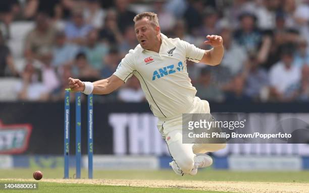 Neil Wagner of New Zealand drops a catch from the bat of Jonny Bairstow of England during the second day of the third Test between England and New...
