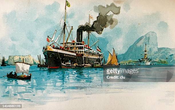 stockillustraties, clipart, cartoons en iconen met express steamer in rio de janeiro harbor - 1890 1899