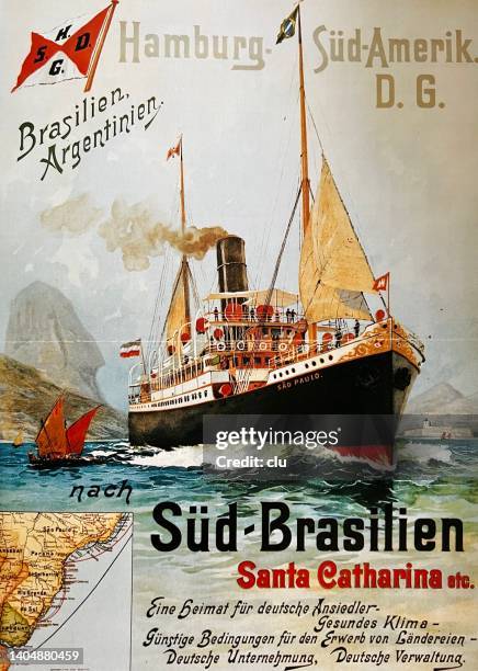 plakat der hamburg süd-amerika linie, für reisen migration nach brasilien - passagierschiff stock-grafiken, -clipart, -cartoons und -symbole