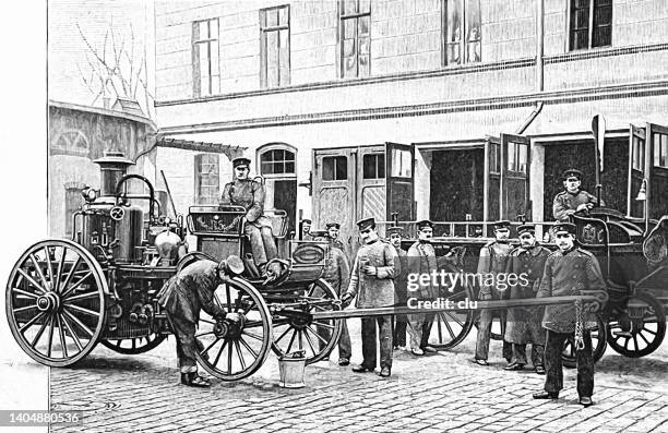 ilustrações de stock, clip art, desenhos animados e ícones de fire brigade berlin, cleaning the syringes and carriages - corpo de bombeiros