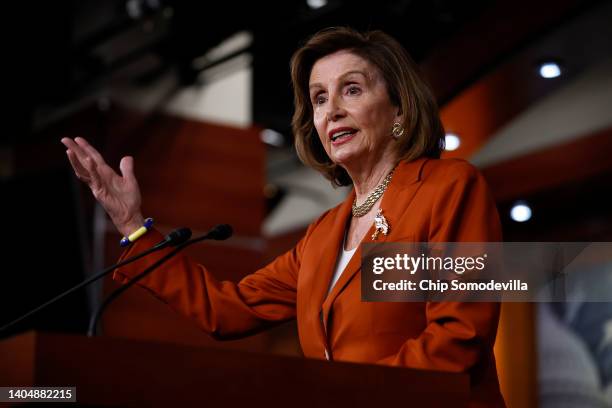 Speaker of the House Nancy Pelosi talks to repoorters minutes after the U.S. Supreme Court struck down Roe v Wade, which guaranteed a woman's right...