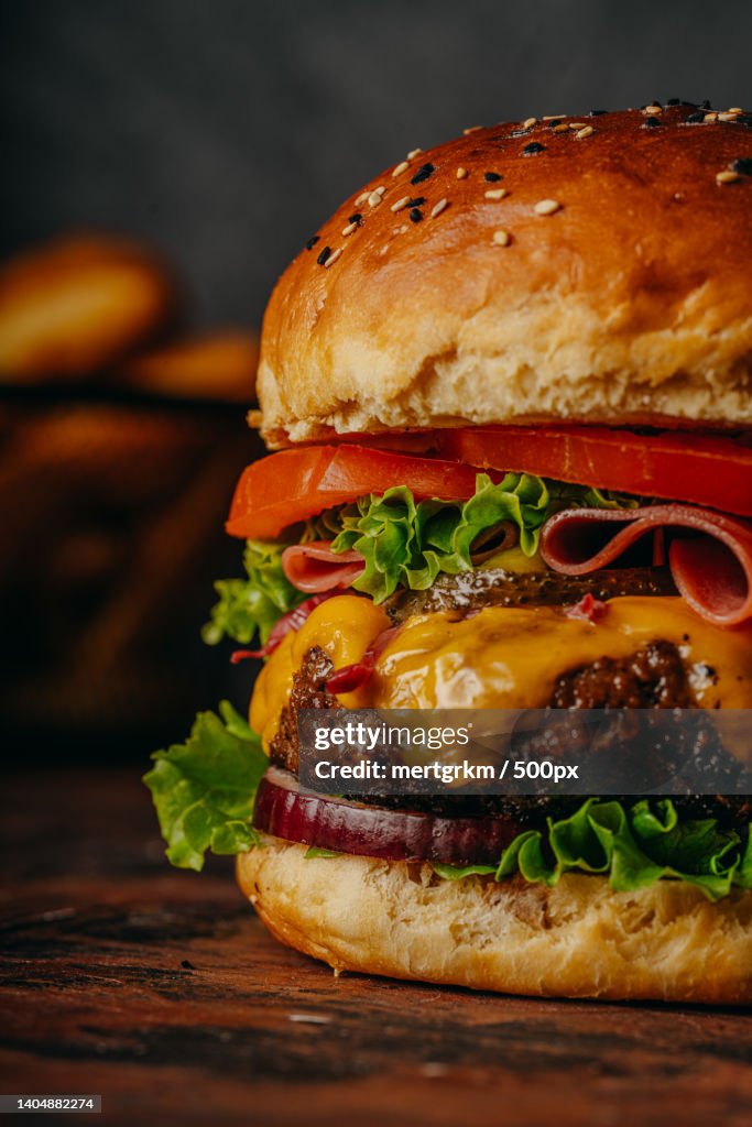 Close-up of burger on serving board,Turkey