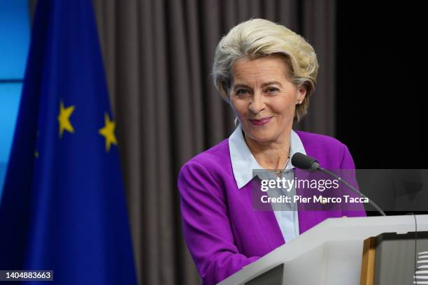 European Commision President Ursula von der Leyen attends a press conference at the end of the EU Council Meeting of EU on June 24, 2022 in Brussels,...