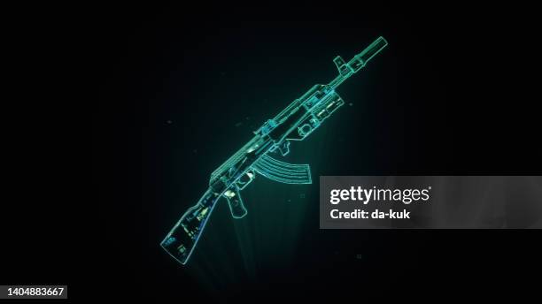 ak-47 rifle with 40mm gp-25 grenade launcher hologram on black background - kalashnikov stock pictures, royalty-free photos & images