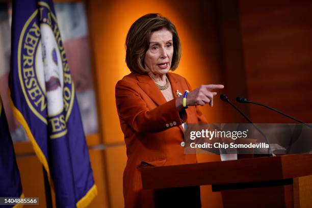 Speaker of the House Nancy Pelosi talks to repoorters minutes after the U.S. Supreme Court struck down Roe v Wade, which guaranteed a woman's right...