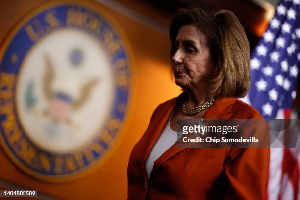 Speaker of the House Nancy Pelosi finishes a news conference after the U.S. Supreme Court struck down Roe v Wade, which guaranteed a woman's right to...