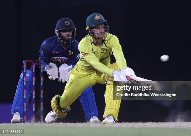 Alex Carey of Australia bats during the 5th match in the ODI series between Sri Lanka and Australia at R. Premadasa Stadium on June 24, 2022 in...