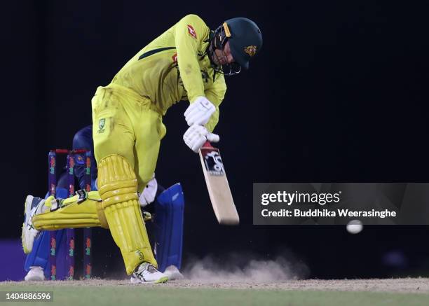 Alex Carey of Australia bats during the 5th match in the ODI series between Sri Lanka and Australia at R. Premadasa Stadium on June 24, 2022 in...