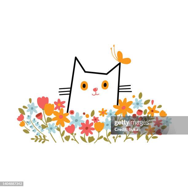 illustrazioni stock, clip art, cartoni animati e icone di tendenza di gatto a fiori - nascondino