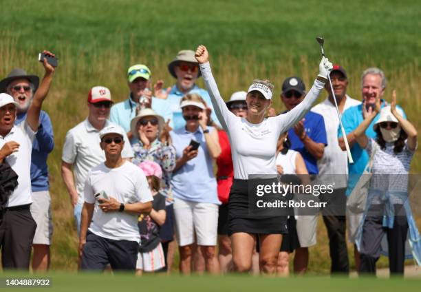 Jessica Korda of the United States celebrates after holing out from a chip shot on the 11th hole during the second round of the KPMG Women's PGA...