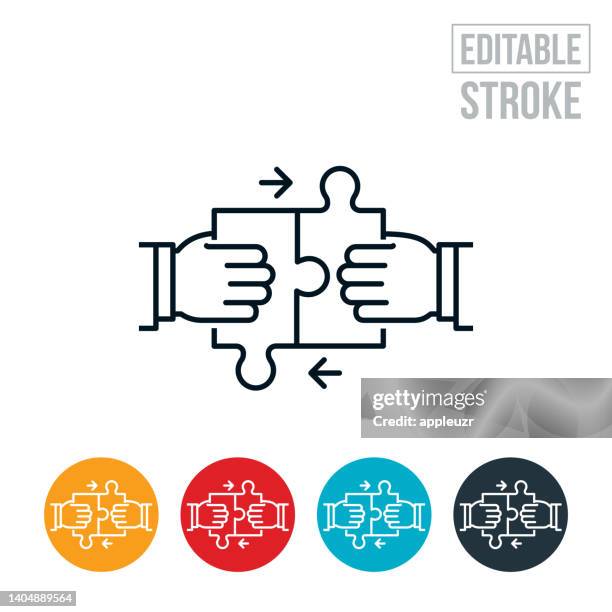 stockillustraties, clipart, cartoons en iconen met hands putting two jigsaw puzzle pieces together thin line icon - editable stroke - merge
