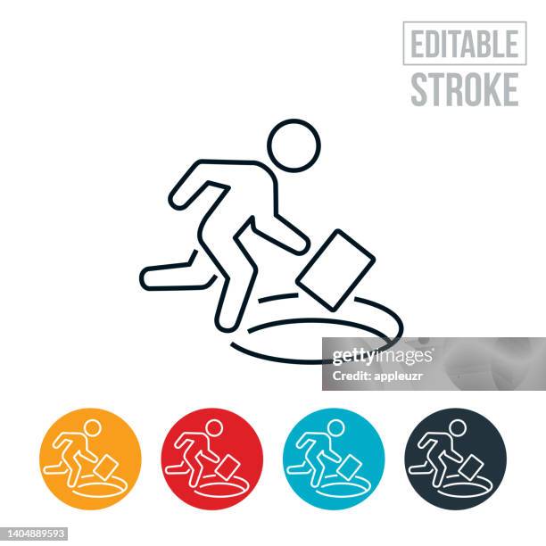 stockillustraties, clipart, cartoons en iconen met businessman running towards hole in ground thin line icon - editable stroke - pitfall