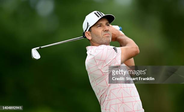 Sergio Garcia of Spain on the 12th tee during the second round of the BMW International Open at Golfclub Munchen Eichenried on June 24, 2022 in...
