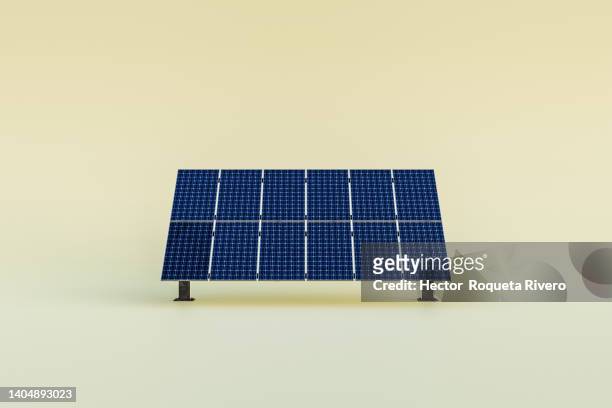 solar panels with base on yellow background, 3d rendering - sonnenkollektor stock-fotos und bilder
