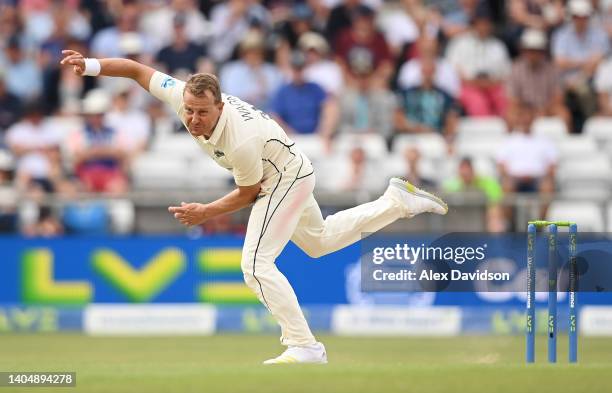 Neil Wagner of New Zealand bowls during Day Two of The Third LV= Insurance Test match between England and New Zealand at Headingley on June 24, 2022...