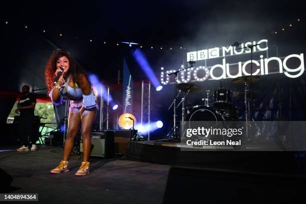 Irish Zambian rap, grime and hip hop artist Denise Chaila performs on the BBC Music Introducing Stage during day three of Glastonbury Festival at...