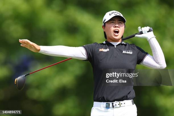Yuka Saso of Japan reacts to her shot from the ninth tee during the second round of the KPMG Women's PGA Championship at Congressional Country Club...