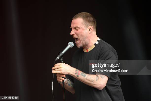 Jason Williamson of Sleaford Mods performs on the West Holts stage during day three of Glastonbury Festival at Worthy Farm, Pilton on June 24, 2022...