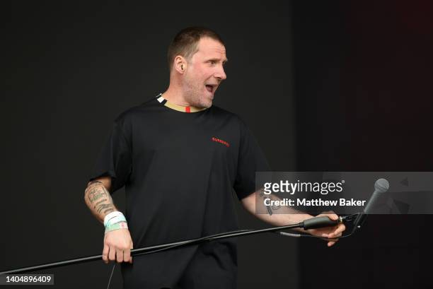 Jason Williamson of Sleaford Mods performs on the West Holts stage during day three of Glastonbury Festival at Worthy Farm, Pilton on June 24, 2022...