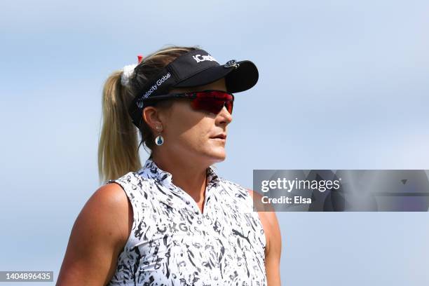 Lexi Thompson of the United States walks off the ninth tee during the second round of the KPMG Women's PGA Championship at Congressional Country Club...