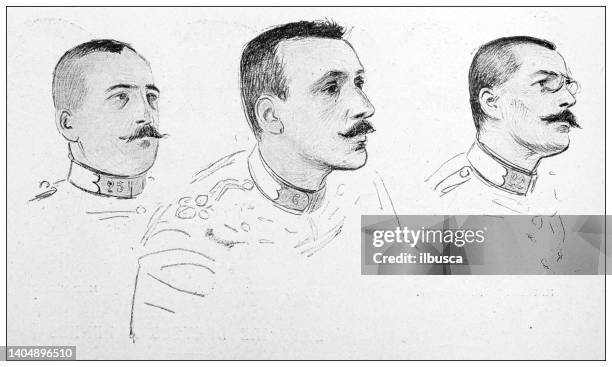 antike illustration: alfred dreyfus affäre, rennes: leutnant bernheim, kapitän carvalho und kommandant hartmann - alfred dreyfus stock-grafiken, -clipart, -cartoons und -symbole