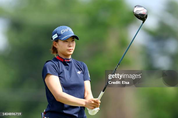 Hinako Shibuno of Japan prepares to play her shot from the ninth tee during the second round of the KPMG Women's PGA Championship at Congressional...