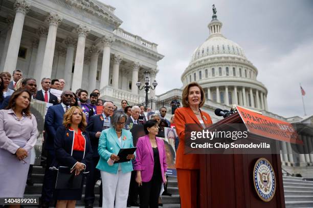 Speaker of the House Nancy Pelosi delivers remarks as she joins fellow Democrats for a rally before voting on the Bipartisan Safer Communities Act in...