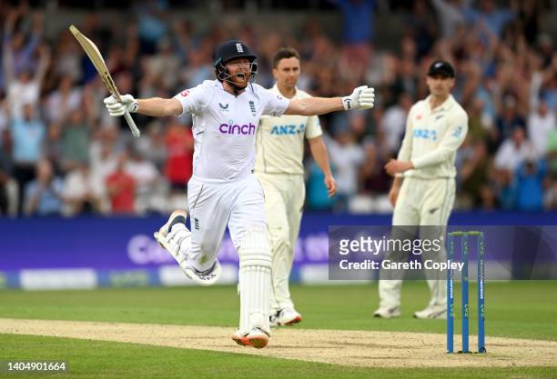 Jonathan Bairstow of England celebrates reaching his century during day two of the Third LV= Insurance Test Match between England and New Zealand at...