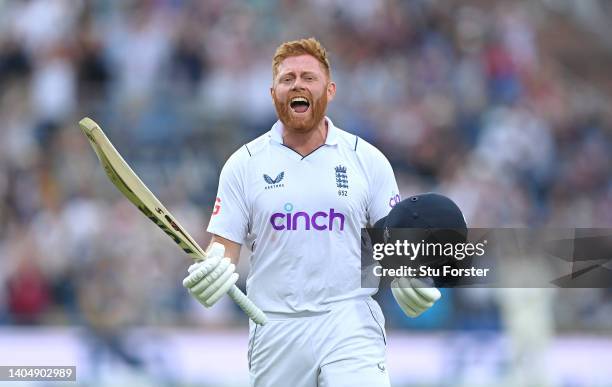 England batsman Jonny Bairstow celebrates his century during day two of the third Test Match between England and New Zealand at Headingley on June...