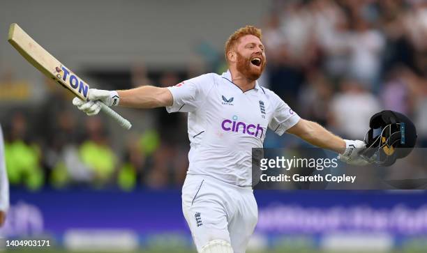 Jonathan Bairstow of England celebrates reaching his century during day two of the Third LV= Insurance Test Match between England and New Zealand at...