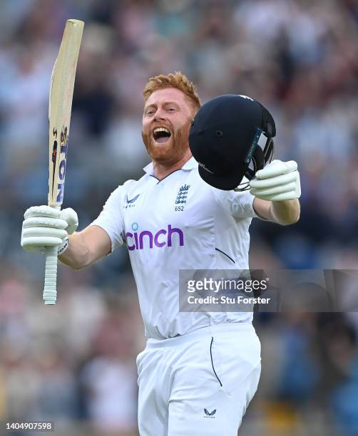 England batsman Jonny Bairstow celebrates his century during day two of the third Test Match between England and New Zealand at Headingley on June...