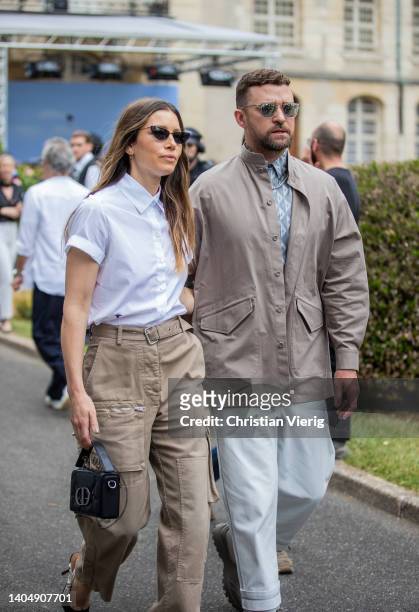 Couple Jessica Biel & Justin Timberlake is seen outside Dior during Paris Fashion Week - Menswear Spring/Summer 2023 on June 24, 2022 in Paris,...