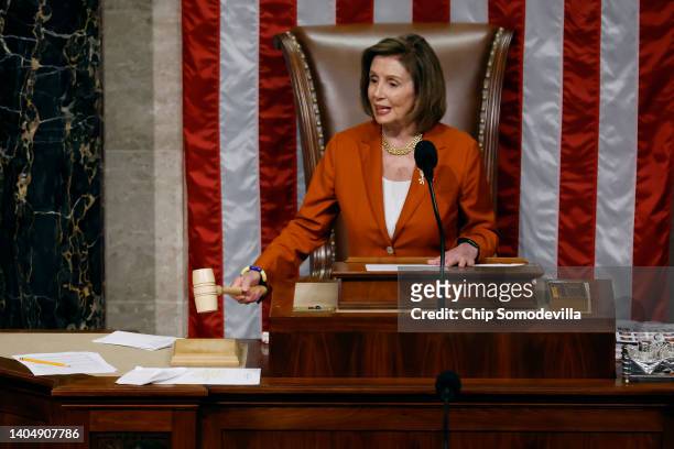 Speaker of the House Nancy Pelosi raps her gavel as she announces the final vote count for the Bipartisan Safer Communities Act in the House Chamber...