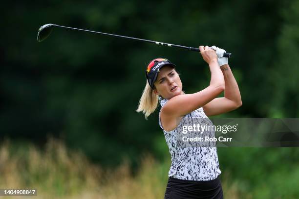 Lexi Thompson of the United States plays her shot from the 14th tee during the second round of the KPMG Women's PGA Championship at Congressional...