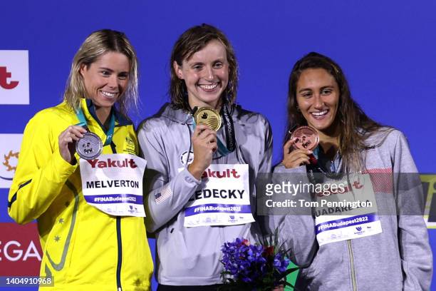 Silver medallist Kiah Melverton of Team Australia, Gold medallist Katie Ledecky of Team United States and Bronze medallist Simona Quadarella of Team...