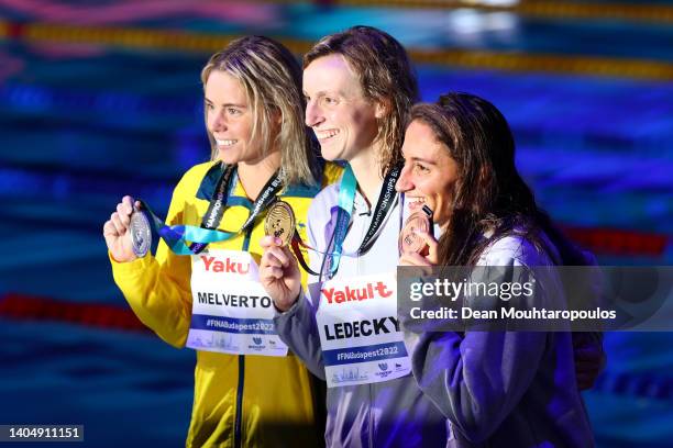 Silver medallist Kiah Melverton of Team Australia, Gold medallist Katie Ledecky of Team United States and Bronze medallist Simona Quadarella of Team...