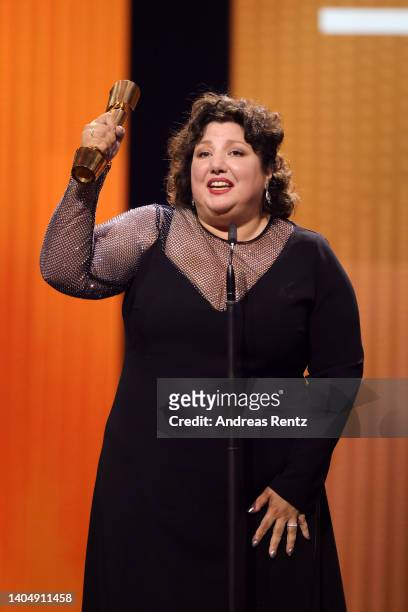 Winner of the Award for Best Actress in a Leading Role, Meltem Kaptan, is seen on stage with her award during the 72nd Lola - German Film Award show...