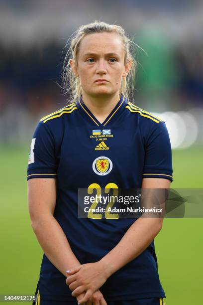 Erin Cuthbert of Scotland lines up for the national anthem prior to kick off of the FIFA Women's World Cup 2023 Qualifier group B match between...